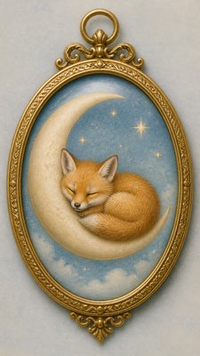 a sleeping baby fox curled on a crescent moon among soft stars, gentle and warm, no text