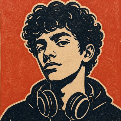 head-and-shoulders portrait of an original character: a young man with curly dark hair and headphones around his neck, plain backdrop, no text