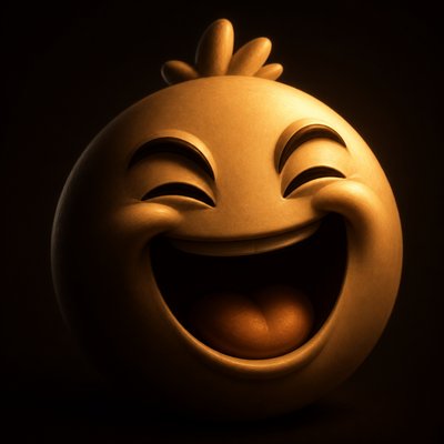 an exaggerated laughing face of an original round mascot character, bold and readable at small size, plain background, no text