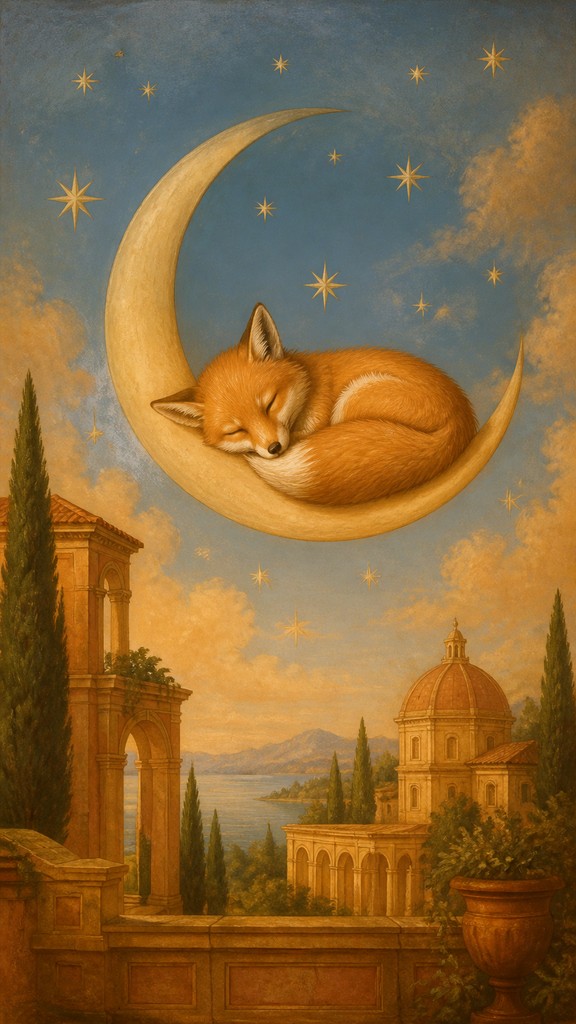 a sleeping baby fox curled on a crescent moon among soft stars, gentle and warm, no text