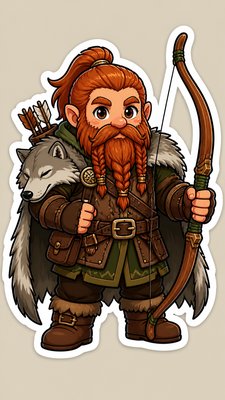 full-body original character: a dwarven ranger with a braided auburn beard, worn leather armor, a longbow and a wolf-pelt cloak, neutral background, no text