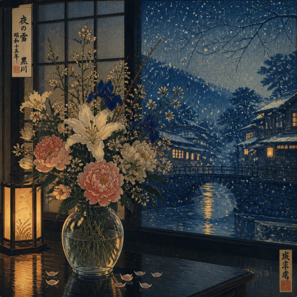 bouquet of flowers in a glass vase — Shin-hanga Print Style