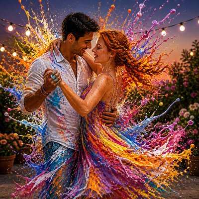 an original couple dancing under string lights in a garden at dusk: a man with short black hair in a linen shirt and a woman with braided red hair in a summer dress