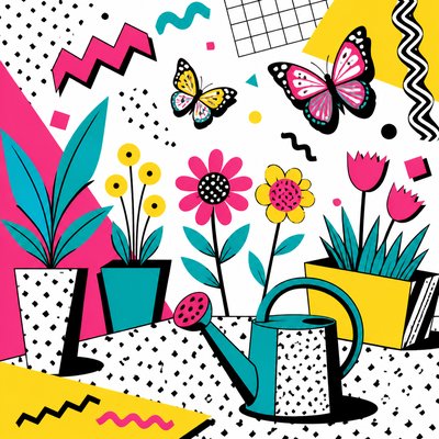 a garden scene with butterflies, flowers and a watering can, clean uncolored line art, no text