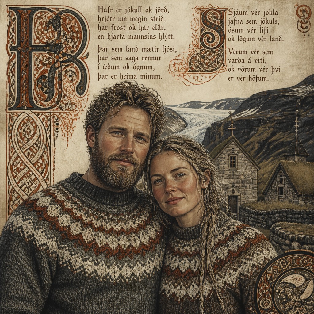 portrait of two people together — Icelandic Art Style
