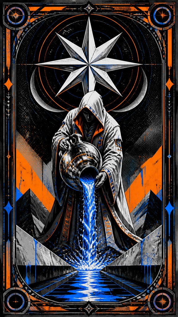 a robed figure pouring water beneath a large eight-pointed star in a night sky, symmetrical composition with an ornate decorative border, no text