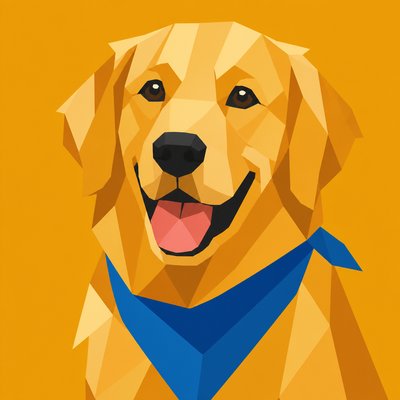 portrait of a golden retriever wearing a blue bandana, warm plain backdrop, no text