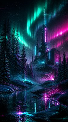 a snowy pine forest under the northern lights, no people