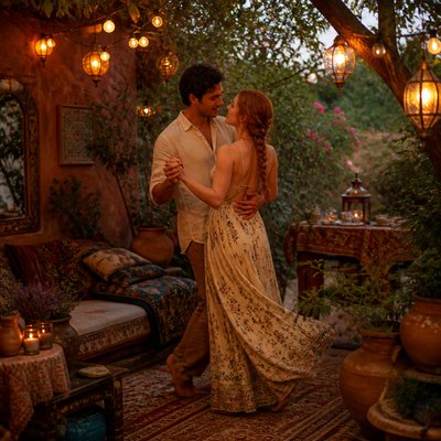 an original couple dancing under string lights in a garden at dusk: a man with short black hair in a linen shirt and a woman with braided red hair in a summer dress