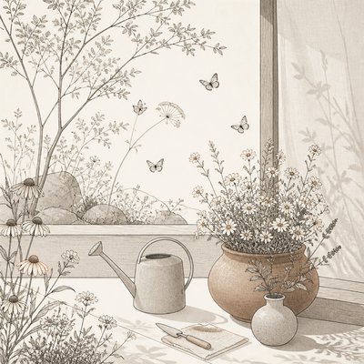 a garden scene with butterflies, flowers and a watering can, clean uncolored line art, no text