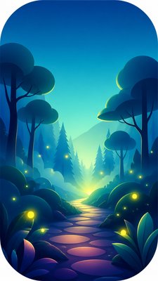 a mysterious forest path with fireflies and drifting mist, atmospheric vertical composition with open space at the top, no text