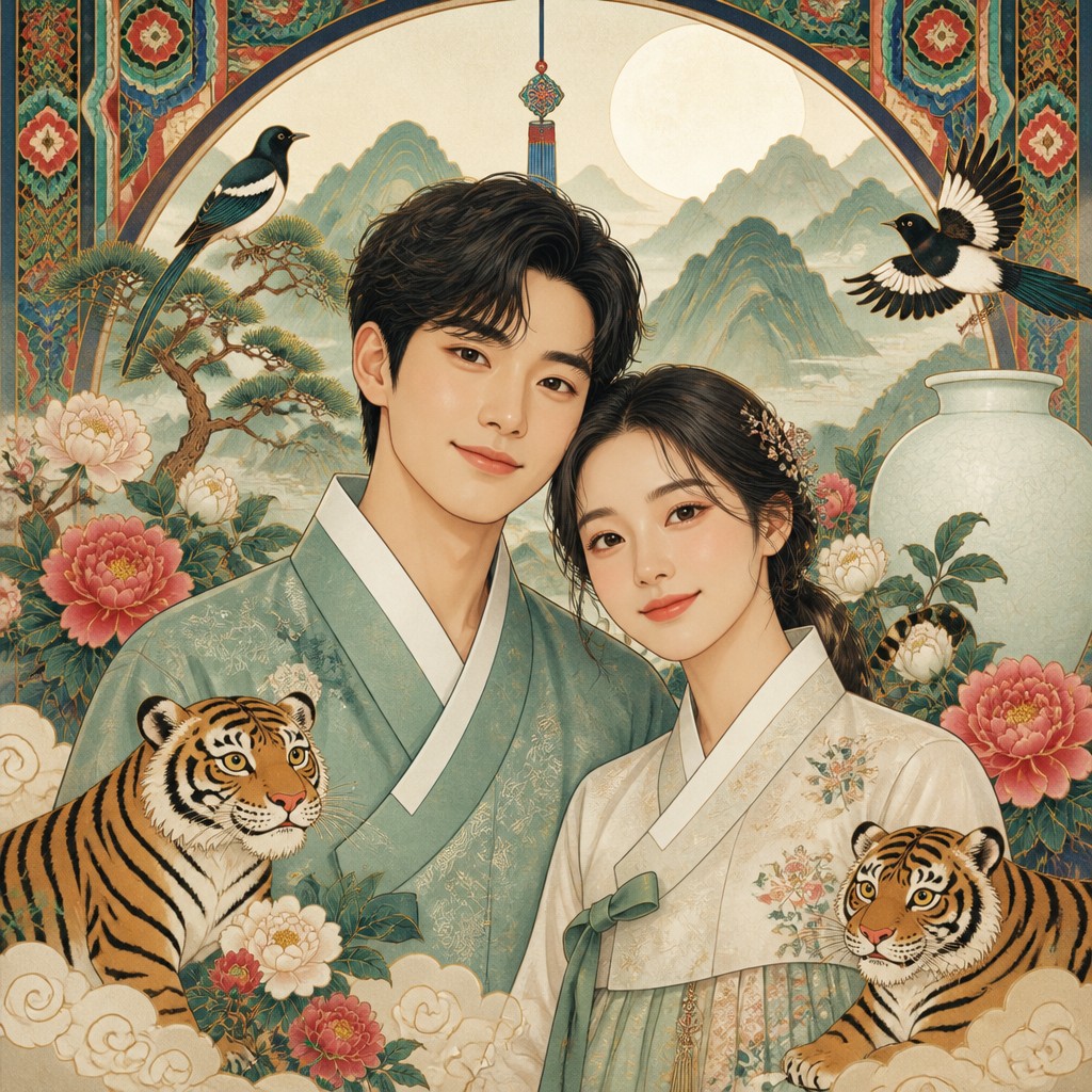 portrait of two people together — Korean Art Style