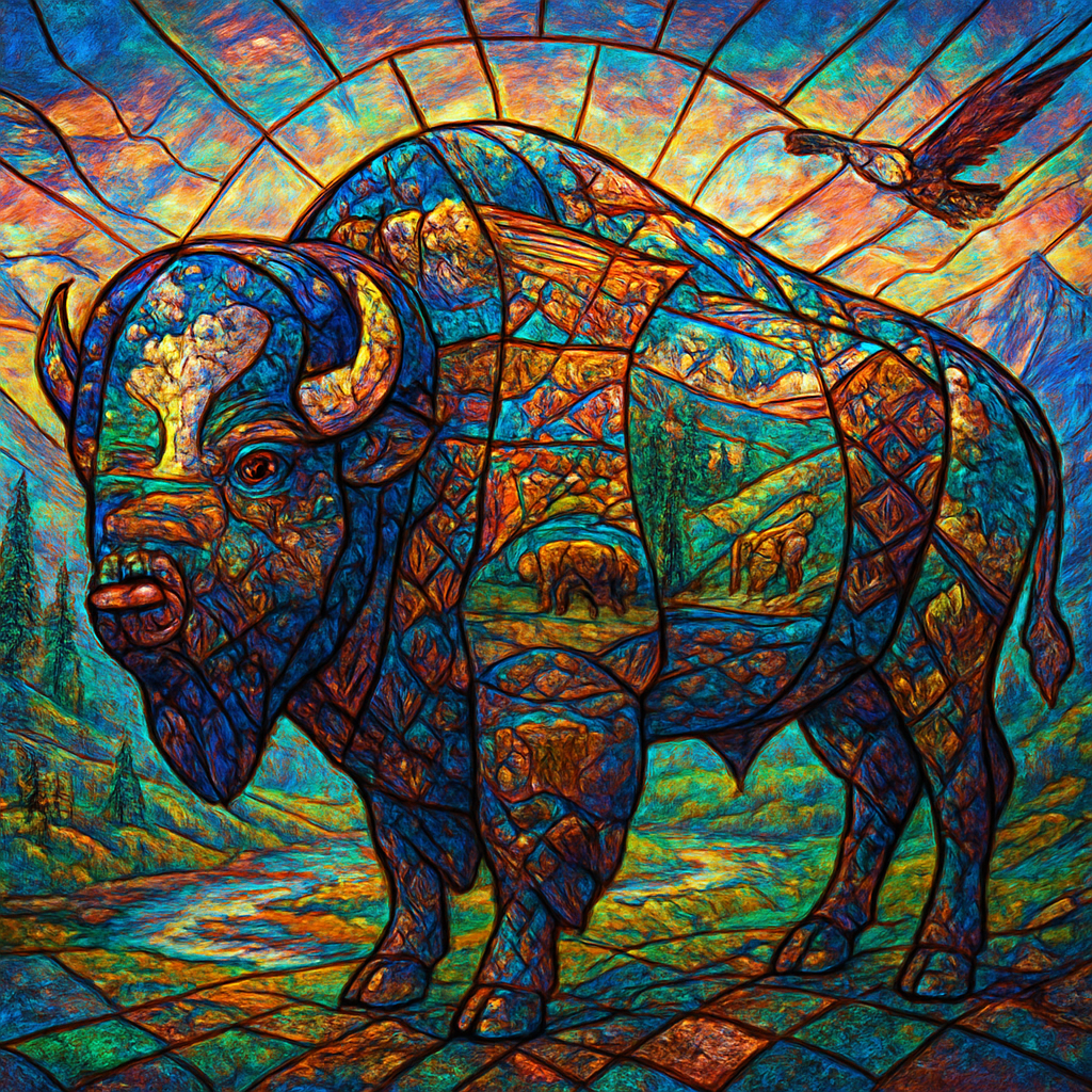     A breathtaking and vibrant artwork rendered entirely in the style of a grand, traditional stained glass masterwork, without any visible window frame or architectural borders. The central, dominant subject is a majestic, life-sized buffalo, meticulously composed from countless individual pieces of richly colored, textured, and patterned stained glass, seamlessly joined by intricate lead lines.

    The entire surface of this stained glass buffalo is adorned with miniature, finely detailed scenes and patterns created directly from the cut and arranged glass pieces themselves. These integrated scenes within the buffalo's form vividly depict:

        Iconic Yellowstone landscapes: Old Faithful erupting, the Grand Canyon of the Yellowstone, and geothermal pools, all rendered through brilliant, luminous glass.

        Local wildlife: Elk, bears, wolves, and eagles, seamlessly depicted with incredible detail through various glass textures and colors.

        Native American art motifs: Geometric patterns and symbols, intricately incorporated as part of the glass design.

    The areas surrounding the buffalo within this expansive stained glass artwork extend the Yellowstone theme, depicting a vast, stylized landscape of soaring mountains, dense pine forests, a winding river, and a vibrant sky, all rendered in the same luminous stained glass technique.

    The entire artwork is bathed in brilliant, natural light streaming through it, causing every piece of glass to glow with dazzling, jewel-toned colors. Light refracts and casts intricate, colored patterns outwards, creating an immersive, ethereal atmosphere as if the artwork itself is a portal. The artistic style emphasizes the exquisite craftsmanship, the seamless transitions of colored light, and the profound beauty of both the buffalo and the Yellowstone wilderness it represents, presented as a singular, unbounded work of luminous art.