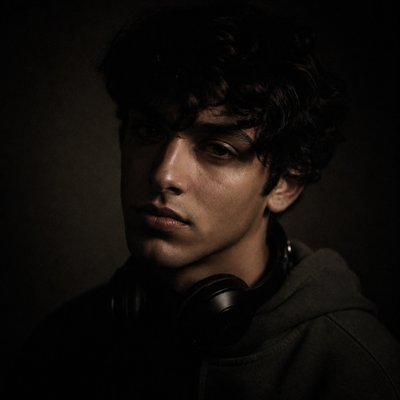 head-and-shoulders portrait of an original character: a young man with curly dark hair and headphones around his neck, plain backdrop, no text