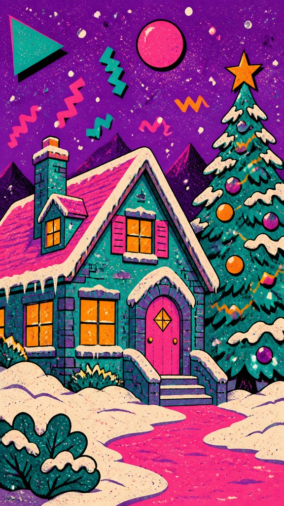 a snow-covered cottage with warm glowing windows beside a decorated pine tree, gentle snowfall, no text