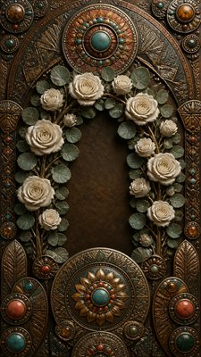 an arch of white roses and eucalyptus in soft morning light, elegant vertical composition with open space, no text
