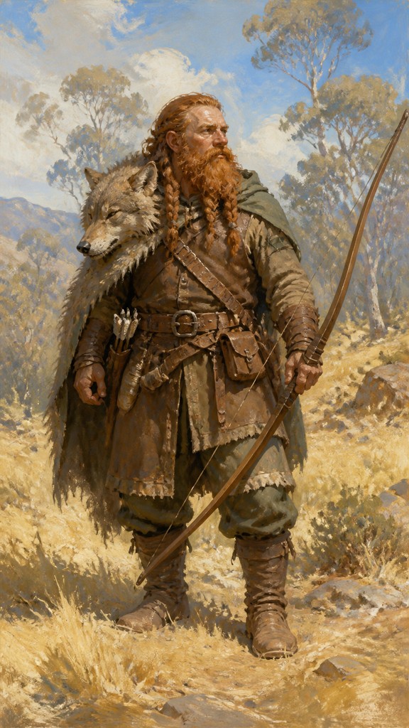 full-body original character: a dwarven ranger with a braided auburn beard, worn leather armor, a longbow and a wolf-pelt cloak, neutral background, no text