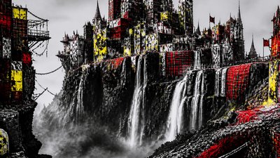 a cliffside city with waterfalls cascading into a misty canyon, wide establishing shot, no people, no text