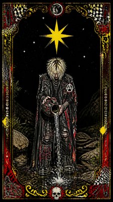 a robed figure pouring water beneath a large eight-pointed star in a night sky, symmetrical composition with an ornate decorative border, no text