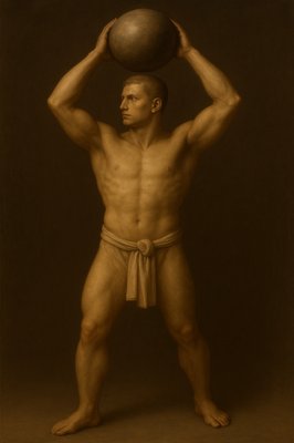 a painting of a man holding a ball over his head