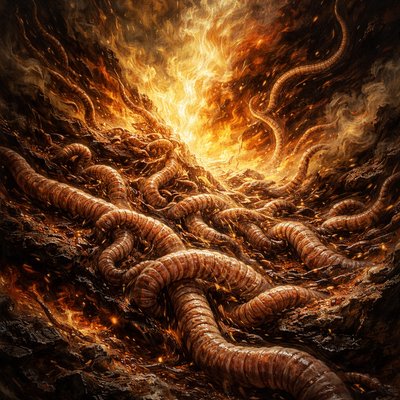 I want an image featuring only fire and earthworms as a figurative interpretation of Mark 9:44 without any ghoulishness. 