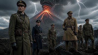 an erupting volcano with lightning strikes, dramatic wide composition, no text
