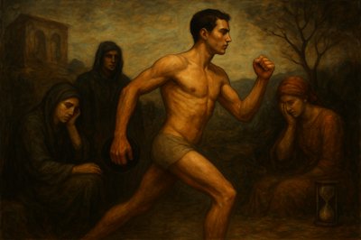 a painting of a man running in front of a group of people