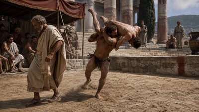 an ancient greek judge steps out of the way as an ignudi wrestler throws his opponent over his shoulder