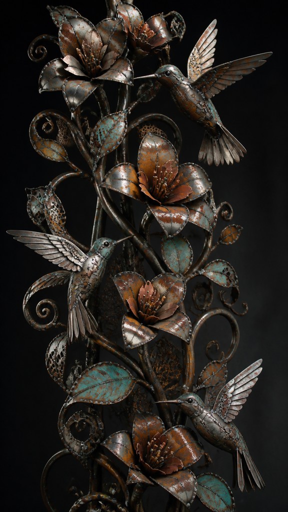 a climbing vine of flowers and hummingbirds on a dark background, tall wrapping composition, no text