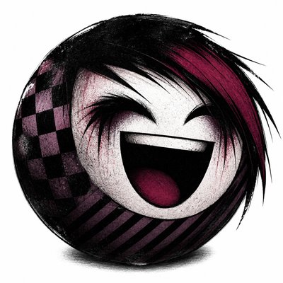 an exaggerated laughing face of an original round mascot character, bold and readable at small size, plain background, no text