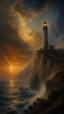 a lone lighthouse on a cliff at dusk under a dramatic sky, no text or lettering