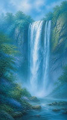towering waterfall cascading down a cliff