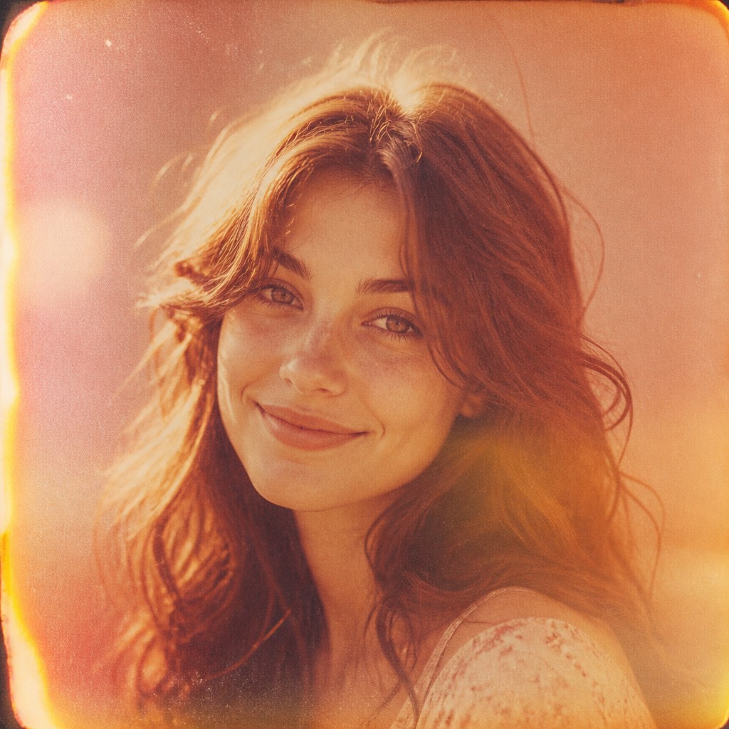 head-and-shoulders portrait of an original character: a young woman with wavy chestnut hair and a warm smile, plain soft backdrop