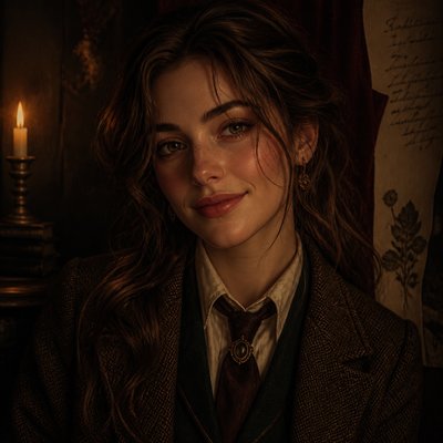 head-and-shoulders portrait of an original character: a young woman with wavy chestnut hair and a warm smile, plain soft backdrop
