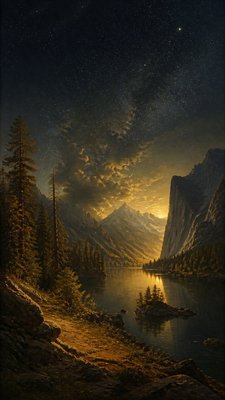 a tranquil mountain lake beneath a starry night sky, no people, no text