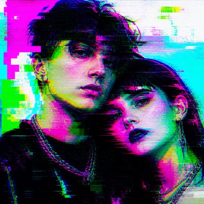 portrait of two people together — Digital Glitch Modern Art Style