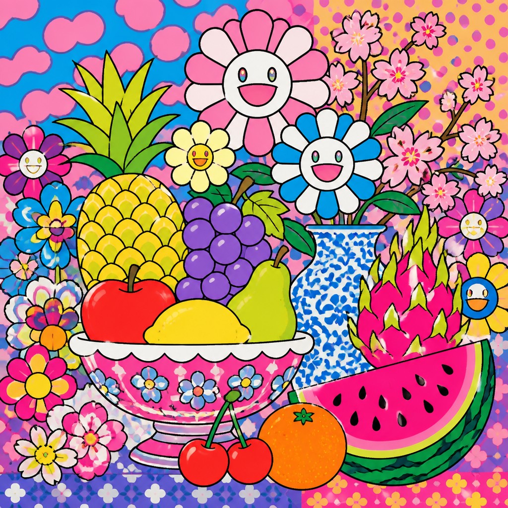 still life arrangement of fruits and flowers