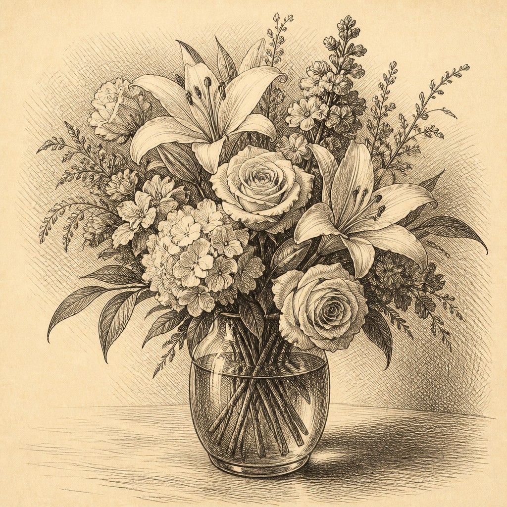 bouquet of flowers in a glass vase — Hatching Drawing Style