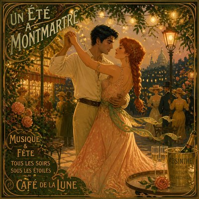 an original couple dancing under string lights in a garden at dusk: a man with short black hair in a linen shirt and a woman with braided red hair in a summer dress