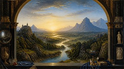 a vast valley with a river winding toward distant mountains at sunrise, no people, no text