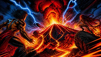 an erupting volcano with lightning strikes, dramatic wide composition, no text