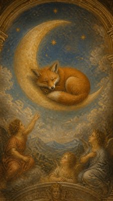 a sleeping baby fox curled on a crescent moon among soft stars, gentle and warm, no text