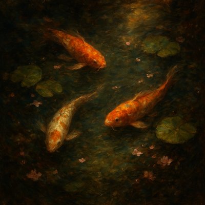 A koi pond seen from above, orange and white koi fish swimming among lily pads, clear water with subtle ripples, fallen cherry blossom petals floating on the surface, dappled sunlight