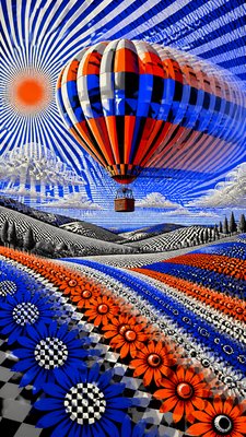 a hot air balloon drifting over rolling flower fields on a sunny day, cheerful, no text