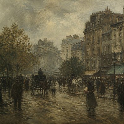 urban street with city activity — Barbizon School Art Style