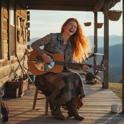 Documentary Photography Style, Analog Film Grain, Warm Golden Hour Backlighting. A dynamic, joyful candid shot of a young Appalachian woman with wildly flowing, fiery red hair playing a dobro resonator guitar with immense energy on the porch of an old log cabin.

The Action & "Lively" Feel: She is sitting on a rough wooden stool with the dobro flat on her lap. She is caught mid-song, head thrown back in laughter, her red hair caught in a breeze and lit up by the setting sun. Her left hand, holding a metal slide bar, is blurring across the neck, and her right hand (wearing fingerpicks) is a blur of motion over the strings.

The Instrument: A well-used square-neck dobro. The distinctive, round shiny metal resonator cover plate reflects the warm sunset light intensely.

The Attire: Rustic and practical: a worn denim vest over a floral thermal shirt, a long patchwork skirt, and dusty leather boots.

The Setting: The cluttered log cabin porch with the hazy mountain ridges in the background remains, enhancing the authentic feel.