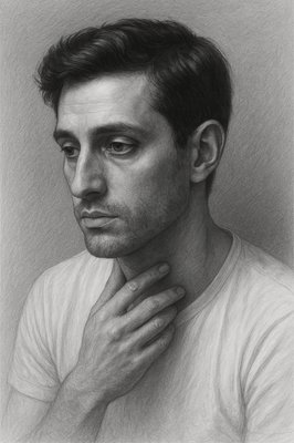 a drawing of a man with his hands on his chest