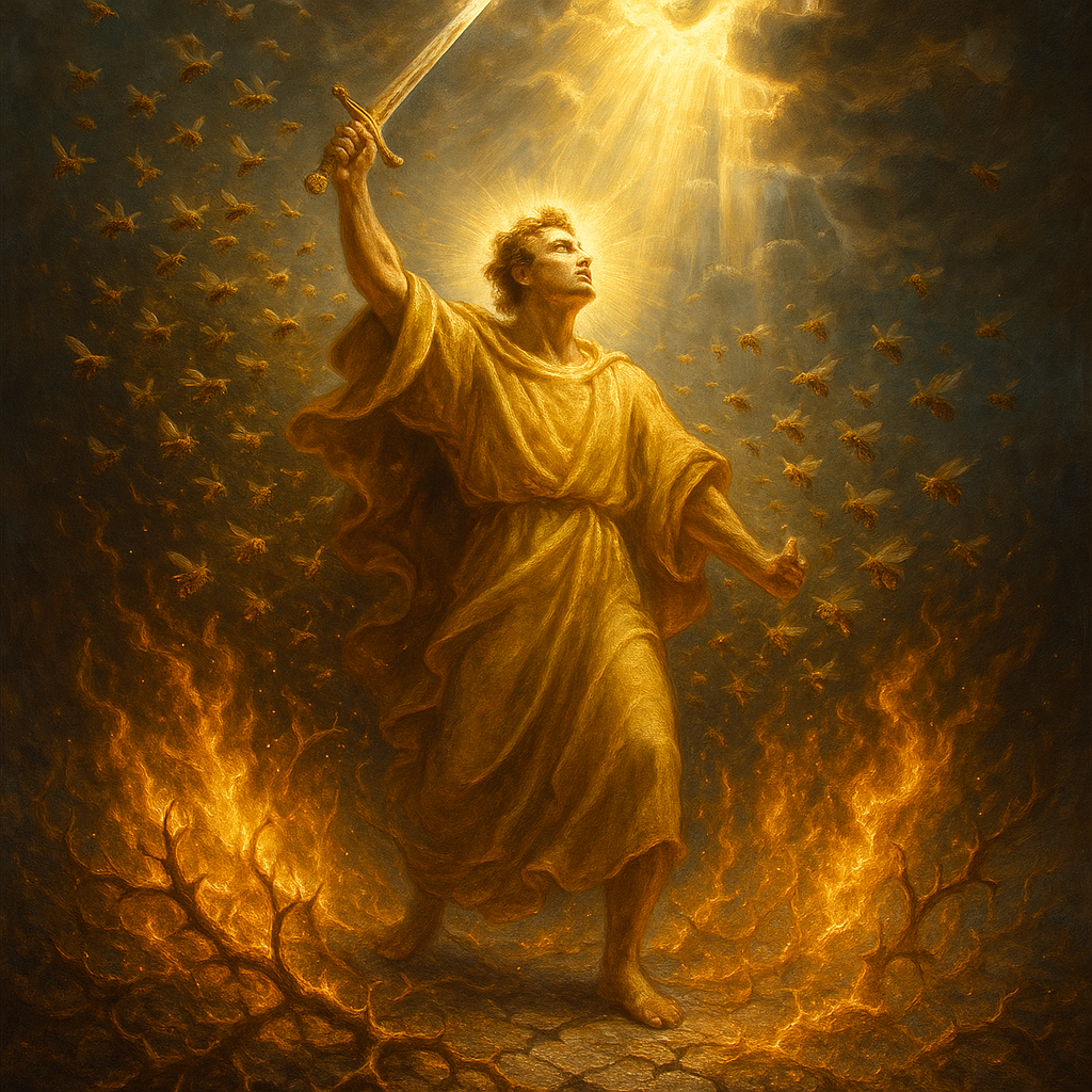 A vivid, dramatic scene depicting a lone figure standing resiliently in the center of a swirling swarm of bees, their forms illuminated by a fiery glow as thorns around them burn brightly, then fade into ash. The figure, clad in simple yet radiant robes, holds a shining sword raised triumphantly, symbolizing divine strength and victory. Behind them, a radiant light bursts forth, representing the presence of the Lord, with beams breaking through a stormy sky. The ground beneath the figure is cracked but stable, showing they were pushed but did not fall. The atmosphere is intense yet hopeful, with a harmonious blend of danger and divine protection, capturing the essence of Psalm 118:12-14--strength, salvation, and triumph through faith. The color palette includes fiery oranges, deep golds, and cool blues to contrast the chaos with divine peace. Ultra-realistic, slightly surreal. Extreme detail.