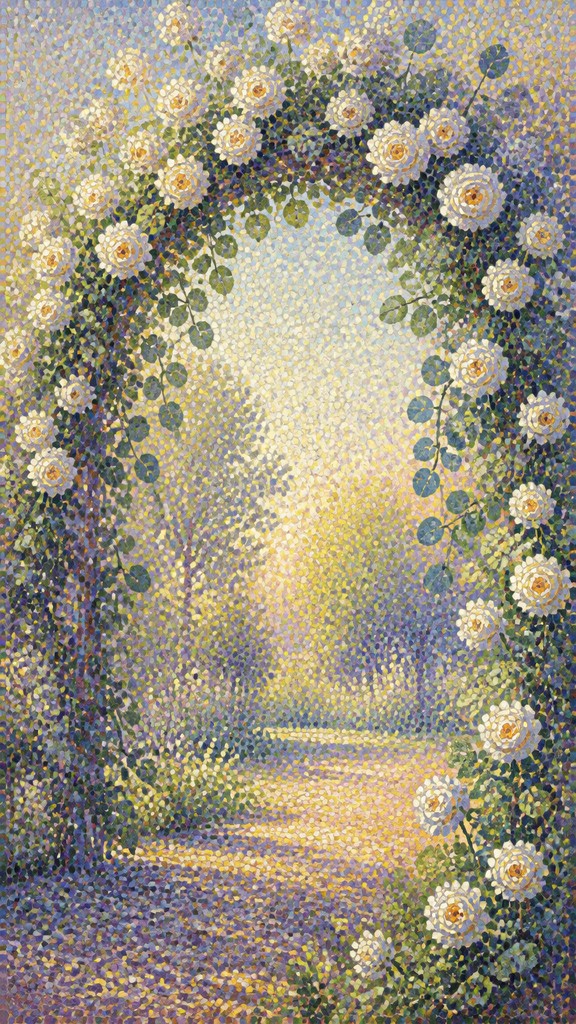 an arch of white roses and eucalyptus in soft morning light, elegant vertical composition with open space, no text
