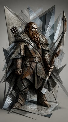 full-body original character: a dwarven ranger with a braided auburn beard, worn leather armor, a longbow and a wolf-pelt cloak, neutral background, no text
